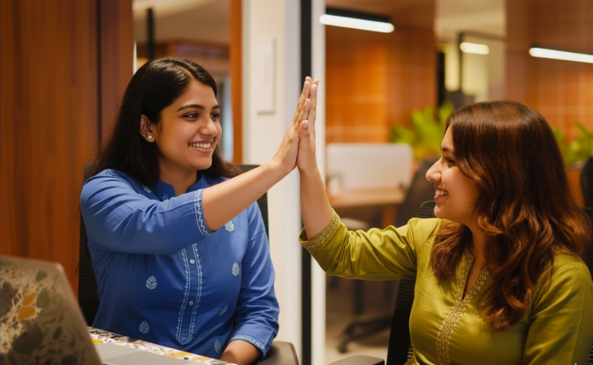 Smiling team members high-fiving